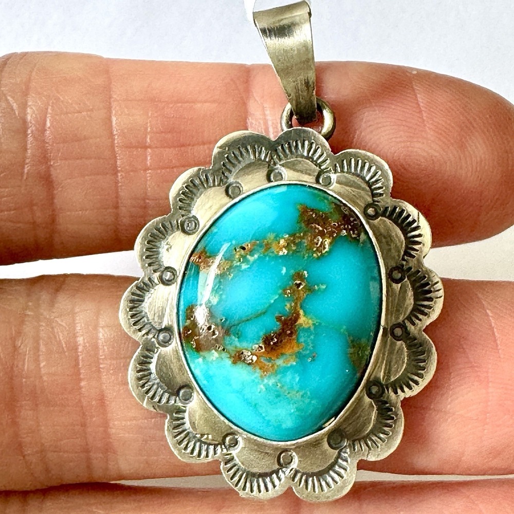 Navajo Royston Turquoise Pendant 1.5in Hand Stamped Antiqued Skeets Sterling